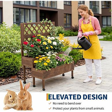 2-Tier Raised Garden Bed with Trellis, Wooden Elevated Planter for Patio & Balcony