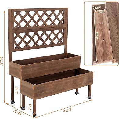 2-Tier Raised Garden Bed with Trellis, Wooden Elevated Planter for Patio & Balcony
