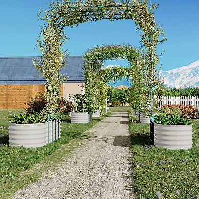 Galvanized Metal Raised Garden Bed with Tall Green Arch Trellis - Expandable Outdoor Planter Box Kit