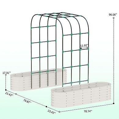 Galvanized Metal Raised Garden Bed with Tall Green Arch Trellis - Expandable Outdoor Planter Box Kit