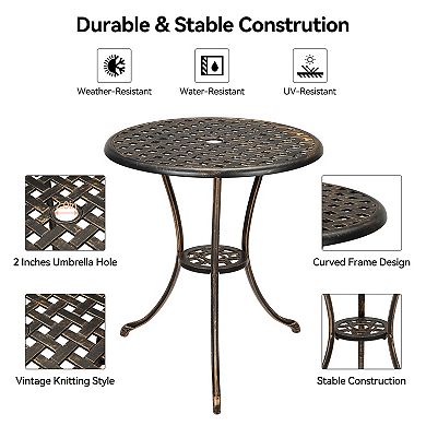 Round Patio Bistro Table with Umbrella Hole Cast Aluminum Outdoor Side Table