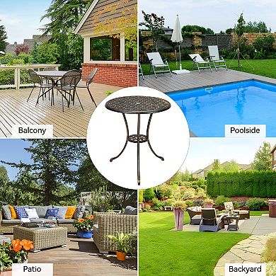 Round Patio Bistro Table with Umbrella Hole Cast Aluminum Outdoor Side Table