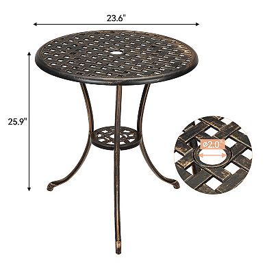Round Patio Bistro Table with Umbrella Hole Cast Aluminum Outdoor Side Table
