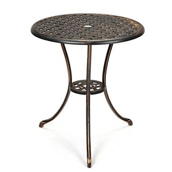 Round Patio Bistro Table with Umbrella Hole Cast Aluminum Outdoor Side Table