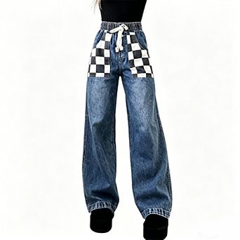 Women's Checkerboard Patch Wide Leg Jeans, Elastic Waist Baggy Denim Pants for Casual Wear