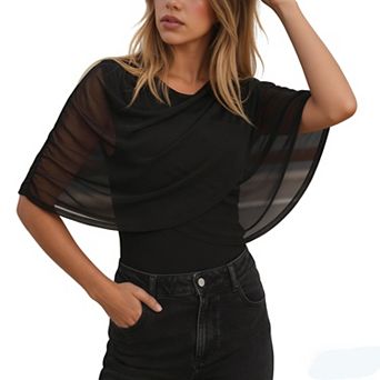 Women's Sheer Mesh Draped Top, 3/4 Sleeve Layered Blouse for Casual & Formal Wear