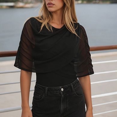 Women's Sheer Mesh Draped Top, 3/4 Sleeve Layered Blouse for Casual & Formal Wear