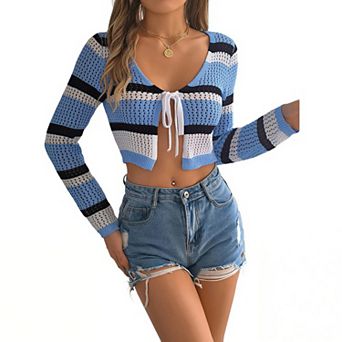 Womens Tie Front Long Sleeve Cropped Sweater Cardigan Color Block Crop Bolero Shrug for Dress