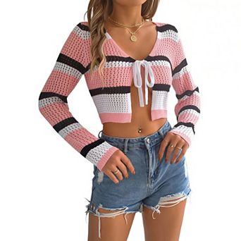 Womens Tie Front Long Sleeve Cropped Sweater Cardigan Color Block Crop Bolero Shrug for Dress