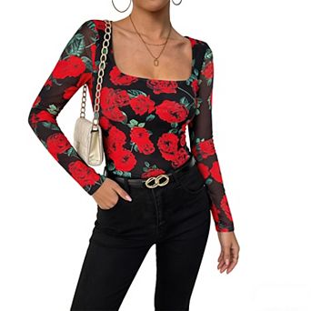 Women's Rose Print Mesh Top, Square Neck Long Sleeve Sheer Blouse for Casual & Party Wear