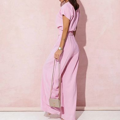 Women's Spring Summer V-Neck Short Sleeve Jumpsuit Ladies Casual Belt Solid Color Jumpsuit