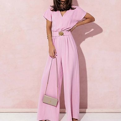 Women's Spring Summer V-Neck Short Sleeve Jumpsuit Ladies Casual Belt Solid Color Jumpsuit