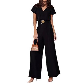 Women's Spring Summer V-Neck Short Sleeve Jumpsuit Ladies Casual Belt Solid Color Jumpsuit