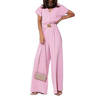 Women's Spring Summer V-Neck Short Sleeve Jumpsuit Ladies Casual Belt Solid Color Jumpsuit
