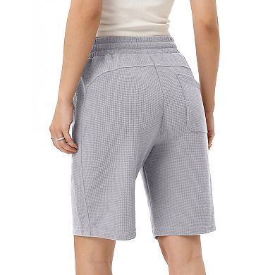 Women's High Waisted Bermuda Shorts Waffle Knit Wide Leg Knee Length Athletic Short with Pockets
