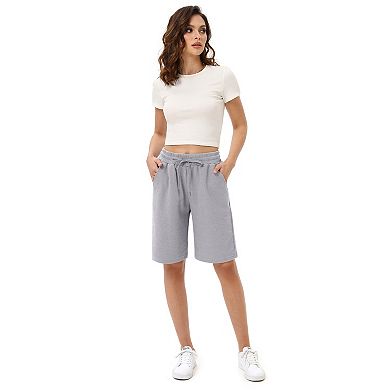 Women's High Waisted Bermuda Shorts Waffle Knit Wide Leg Knee Length Athletic Short with Pockets