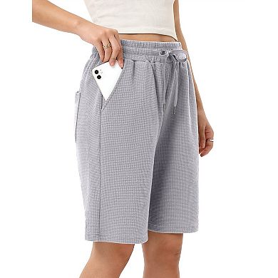 Women's High Waisted Bermuda Shorts Waffle Knit Wide Leg Knee Length Athletic Short with Pockets