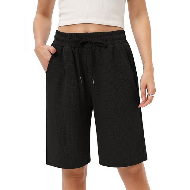 Women's High Waisted Bermuda Shorts Waffle Knit Wide Leg Knee