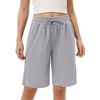 Women's High Waisted Bermuda Shorts Waffle Knit Wide Leg Knee Length Athletic Short with Pockets
