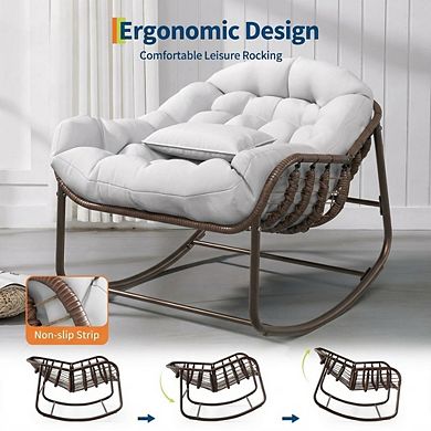 Papasan Rocking Chair with Cushion Wicker Patio Lounge Seating with Metal Frame