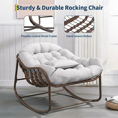 Papasan Rocking Chair with Cushion Wicker Patio Lounge Seating with Metal Frame