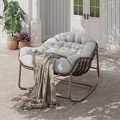Papasan Rocking Chair with Cushion Wicker Patio Lounge Seating with Metal Frame