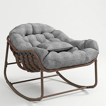 Papasan Rocking Chair with Cushion Wicker Patio Lounge Seating with Metal Frame