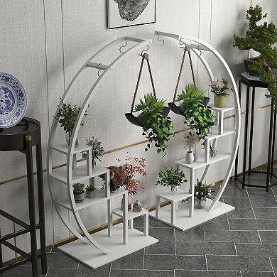 Set of 2 Space-Saving 5-Tier Metal Plant Stands Half Moon Shaped Flower Rack with Hanging Hooks