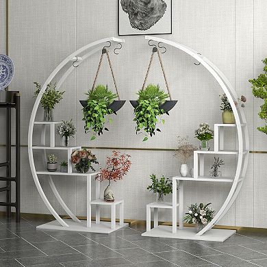 Set of 2 Space-Saving 5-Tier Metal Plant Stands Half Moon Shaped Flower Rack with Hanging Hooks