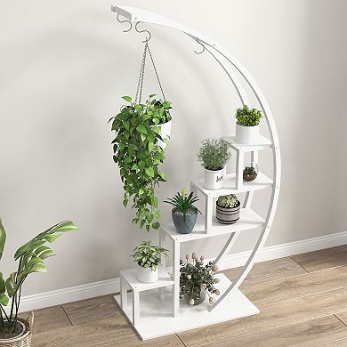 Set of 2 Space-Saving 5-Tier Metal Plant Stands Half Moon Shaped Flower Rack with Hanging Hooks