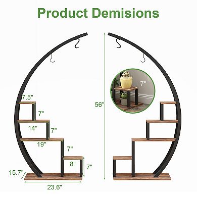 Set of 2 Space-Saving 5-Tier Metal Plant Stands Half Moon Shaped Flower Rack with Hanging Hooks