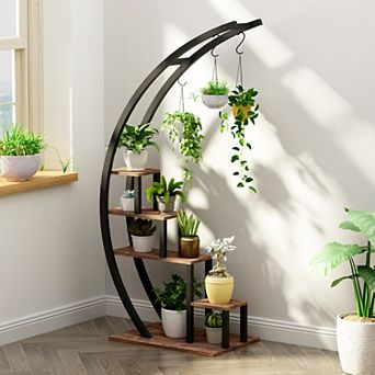 Set of 2 Space-Saving 5 tier Metal Plant Stands Half Moon Shaped Flower Rack with Hanging Hooks