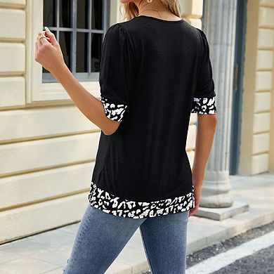 Womens Square Neck Tunic Tops Short Puff Sleeve t Shirts Summer Casual Patchwork Loose Blouses