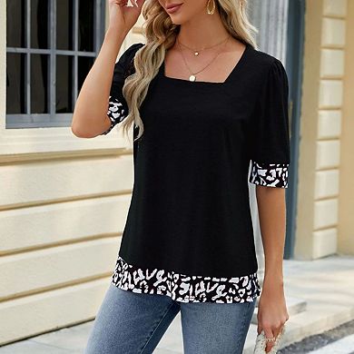 Womens Square Neck Tunic Tops Short Puff Sleeve t Shirts Summer Casual Patchwork Loose Blouses