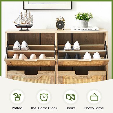 Rattan Shoe Cabinet with Flip Drawers Adjustable Shelves Entryway Storage Organizer