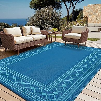 Modern Bordered Outdoor Patio Rug, Waterproof Reversible Plastic Straw Mat for Deck, Porch,
