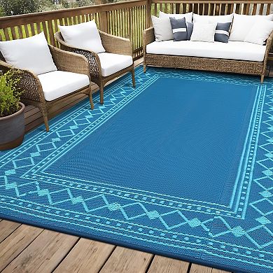 Modern Bordered Outdoor Patio Rug, Waterproof Reversible Plastic Straw Mat for Deck, Porch,