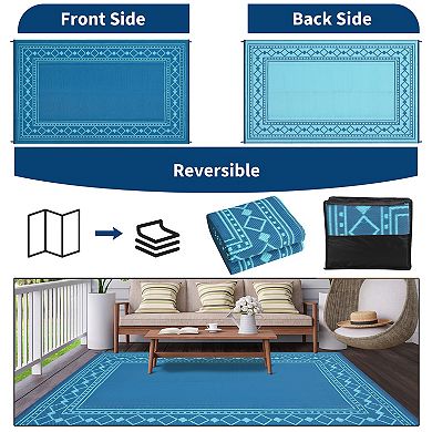 Modern Bordered Outdoor Patio Rug, Waterproof Reversible Plastic Straw Mat for Deck, Porch,