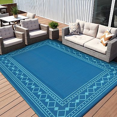 Modern Bordered Outdoor Patio Rug, Waterproof Reversible Plastic Straw Mat for Deck, Porch,