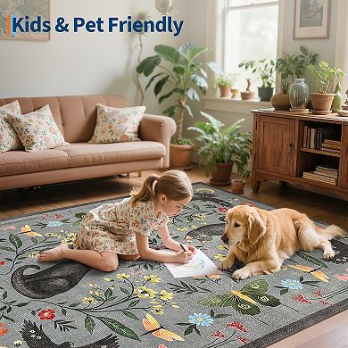 Vintage Cute Cat Machine Washable Rug with Rubber Backing Stain Resistant Non-Slip Carpet