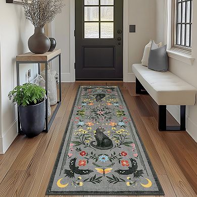 Vintage Cute Cat Machine Washable Rug with Rubber Backing Stain Resistant Non-Slip Carpet