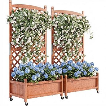 2 pc Large Raised Garden Bed with Trellis & Wheels, Wooden Mobile Planter Box with Drainage Hole