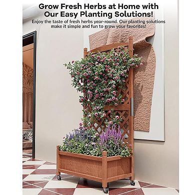 2PCS Large Raised Garden Bed with Trellis & Wheels, Wooden Mobile Planter Box with Drainage Hole