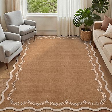 Floral Scalloped Non Slip Washable Area Rug Low Pile Ultra Thin Solid Home Decor Carpet