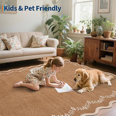 Floral Scalloped Non Slip Washable Area Rug Low Pile Ultra Thin Solid Home Decor Carpet