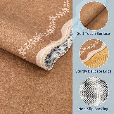 Floral Scalloped Non Slip Washable Area Rug Low Pile Ultra Thin Solid Home Decor Carpet