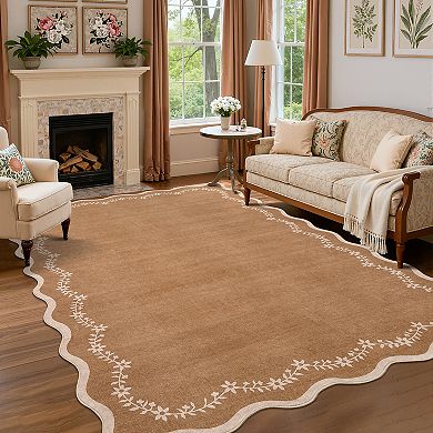 Floral Scalloped Non Slip Washable Area Rug Low Pile Ultra Thin Solid Home Decor Carpet
