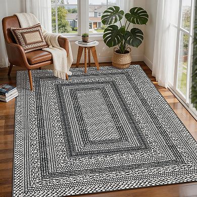 Modern Bordered Area Rugs Washable Non Slip Geometric Minimalist Soft Low Pile Ultra Thin Carpet