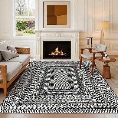 Modern Bordered Area Rugs Washable Non Slip Geometric Minimalist Soft Low Pile Ultra Thin Carpet