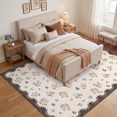 Floral Machine Washable Rug with Rubber Backing Foldable Printed Non Slip Soft Easy Care Carpet